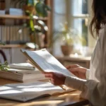 En person läser dokument på ett solbelyst skrivbord, omgivet av växter och böcker, kanske förbereder sig för en konsultation relaterad till juridik på begravningsbyrå Värnamo.