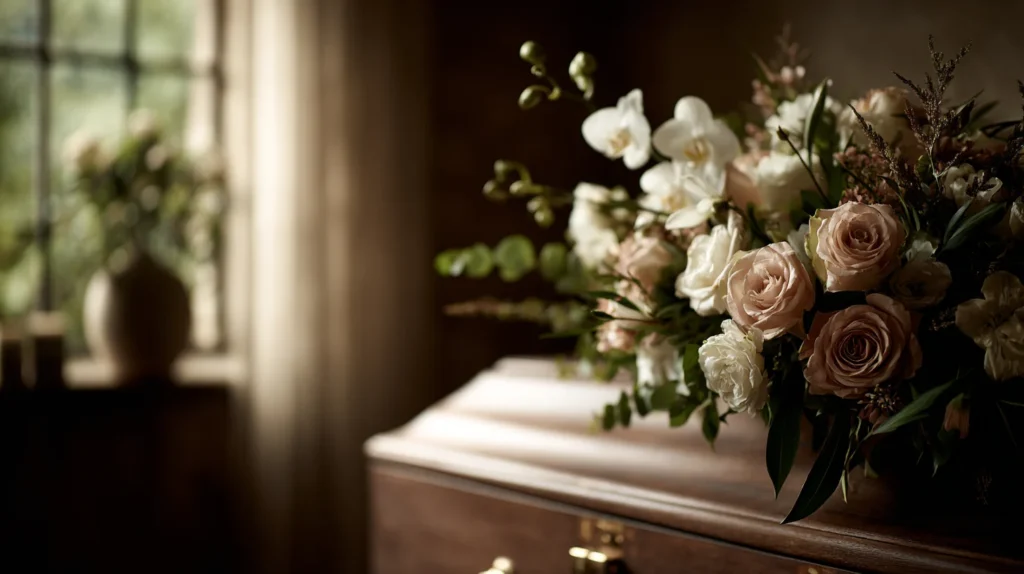 Bukett med vita och ljusrosa begravningsblommor på en träkista i ett mjukt upplyst rum med fönster - ett elegant val för blommor till begravning. Pris 2025 på förfrågan.