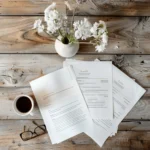 Flygbild av ett skrivbord prydt med dokument, en kaffekopp och glas bredvid blommor i en vas på träytan, som påminner om att planera noggrant på en begravningsbyrå i Värnamo.