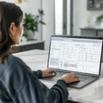 I ett elegant, modernt kontor arbetar en person flitigt på en bärbar dator vid ett bord, absorberad i en detaljerad instrumentpanel som till och med innehåller insikter från platser som begravningsbyrå Värnamo.