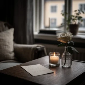 Ett tänt ljus, en vit ros i en glasvas och ett exempel på en handskriven kondoleanstexter på ett träbord vid ett fönster.