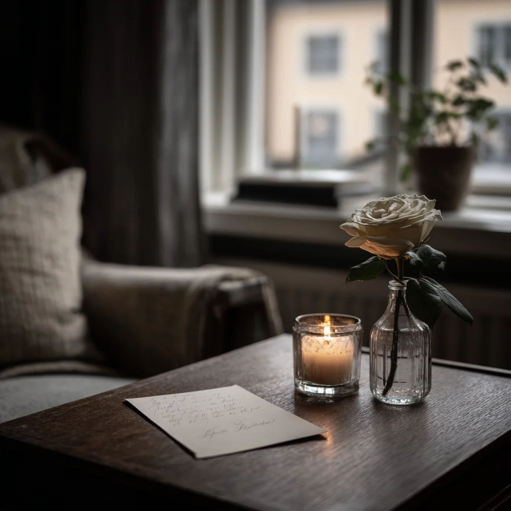 Ett tänt ljus, en vit ros i en glasvas och ett exempel på en handskriven kondoleanstexter på ett träbord vid ett fönster.